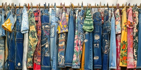 A colorful display of vintage , including jeans and T-shirts from the 1990s, hanging on hangers in a