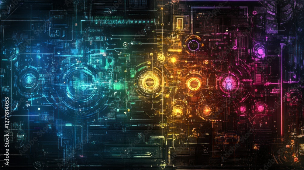 Poster colorful abstract digital circuit board design with glowing elements on a dark background
