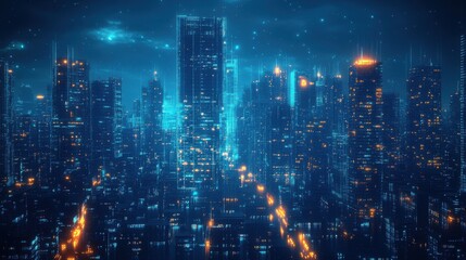 Fototapeta premium Futuristic Urban Nightscape with Glowing Skyscrapers and Bright Neon Lights in a Digital City Environment