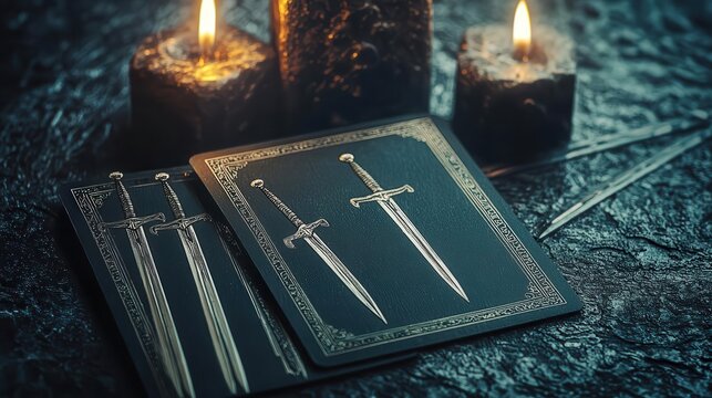 The Seven of Swords tarot card, a figure sneaking away with swords, symbolizing deception, strategy, and cunning moves, mysterious and thoughtprovoking