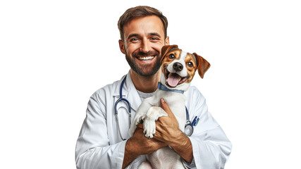 Smiling veterinarian holds happy dog in clinic