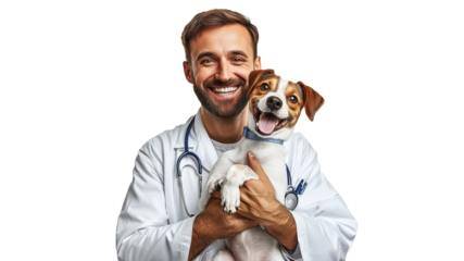 Smiling veterinarian holds happy dog in clinic