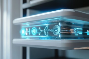 Cloud computing hub visualizes secure data transfers holographically.