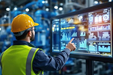 Engineer wearing safety gear interacts with a large digital screen displaying data and analytics in a factory background. Concept of industrial automation. Ai generative