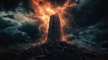 The Tower tarot card, a crumbling tower struck by lightning, symbolizing sudden change, chaos, and revelations, dramatic and impactful for tarot enthusiasts