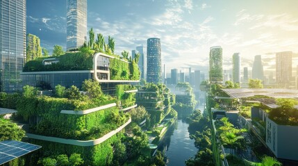 Obraz premium Futuristic urban landscape showcasing green architecture, waterways, and vibrant city life