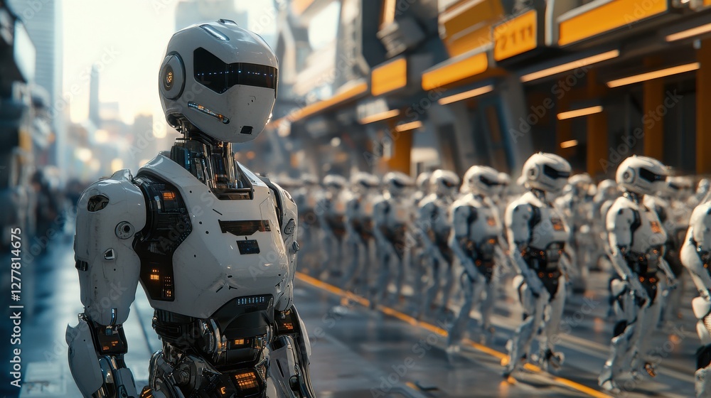 Poster futuristic city scene featuring robots in a high-tech environment with urban architecture
