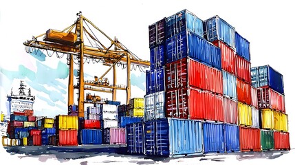 Fototapeta premium Colorful Shipping Containers at a Busy Port - Watercolor Illustration.