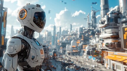 Futuristic Robot Overlooking a Vibrant Cityscape with Advanced Technology and Flying Vehicles