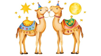 Obraz premium Two Camels Celebrating Under the Night Sky A Watercolor Illustration.