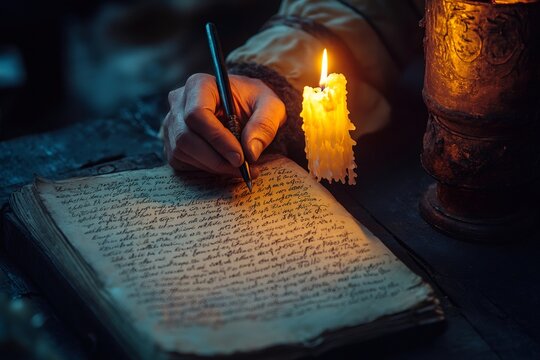 Monk writing on ancient book at candlelight in monastery scriptorium