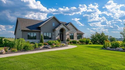 Fototapeta premium A detailed view of a property's exterior with landscaping features.