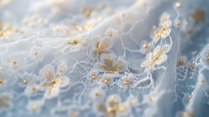 Delicate floral lace fabric with intricate gold detailing captures elegance and charm
