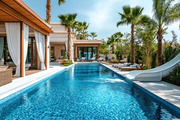 Fototapeta premium Inviting swimming pool with waterslide in luxury villa backyard