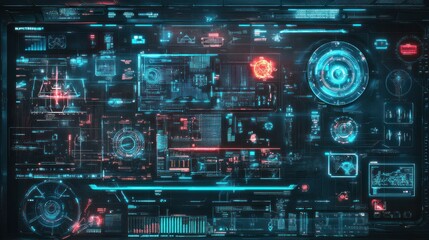 Fototapeta premium Futuristic digital interface displaying data analytics and technology metrics in a high-tech environment