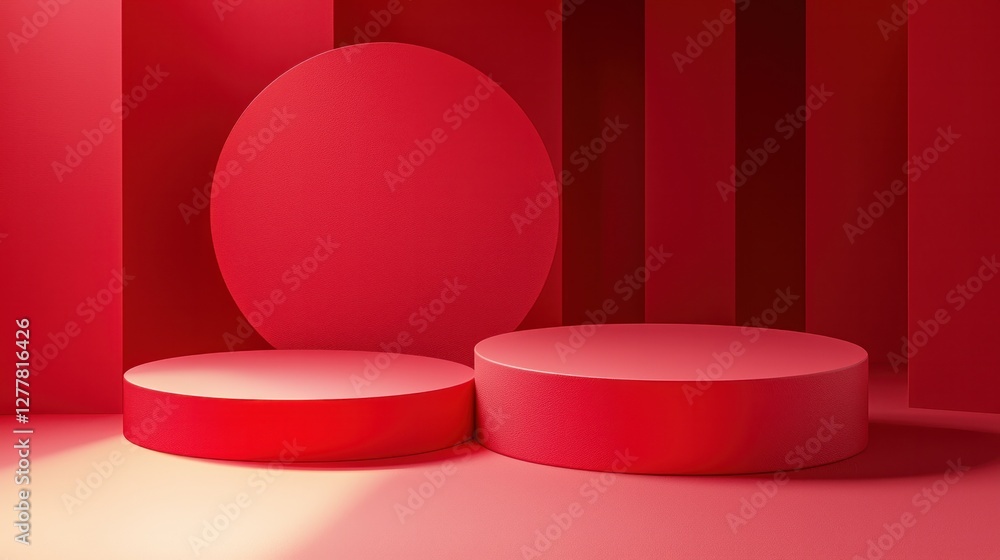 Poster red podiums with geometric backgrounds and a soft light effect for product display and branding.