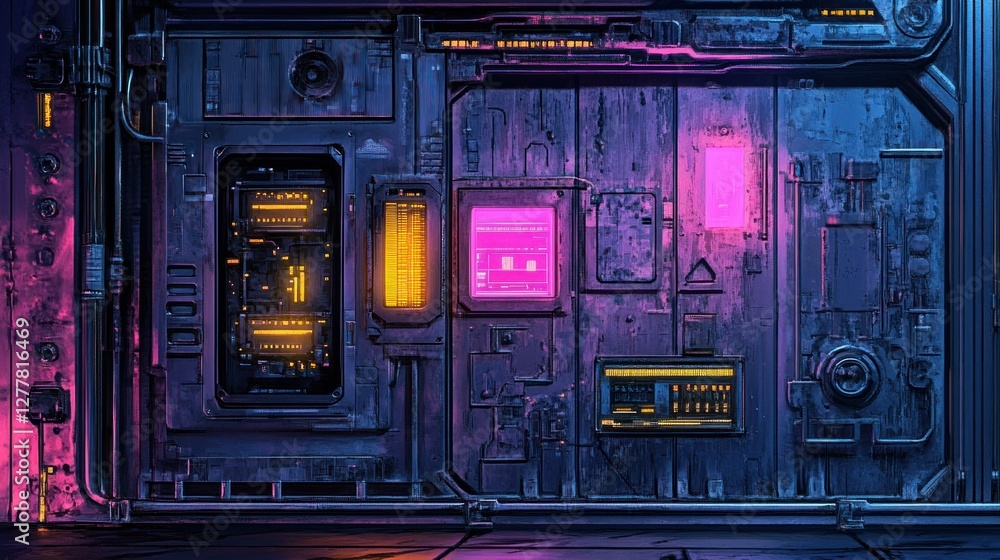 Poster futuristic control panel with glowing buttons and screens in a sci-fi environment
