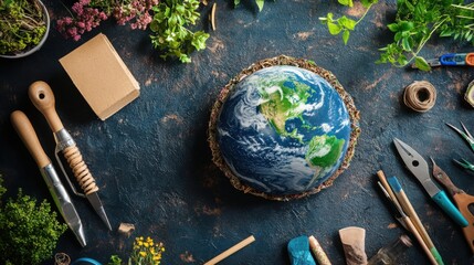 Vibrant Earth Surrounded by Gardening Tools and Plants on Dark Textured Background