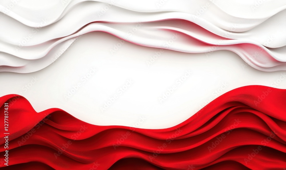 Poster flowing red and white fabric waves create a dynamic backdrop, suggesting movement and elegance