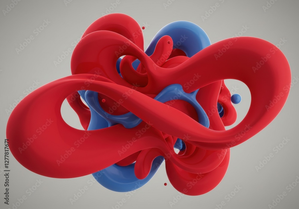 Poster abstract red and blue fluid shapes intertwine in motion on gray background