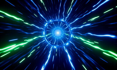 Fototapeta premium Light speed journey through a neon green-blue tunnel