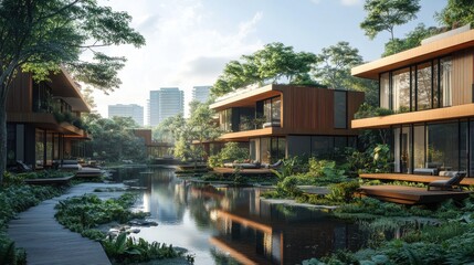 Obraz premium Serene Urban Retreat Surrounded by Lush Greenery and Water Features in Modern Architectural Design