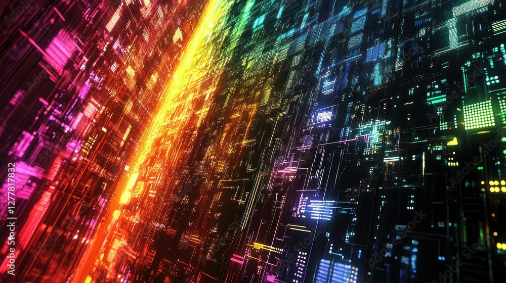 Poster abstract digital landscape with vibrant colors and intricate patterns, symbolizing technology and in