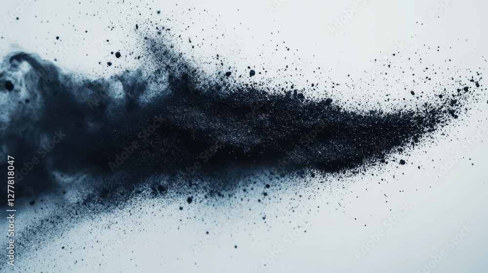 Poster dramatic black powder explosion against a white background creating a dynamic abstract design for cr