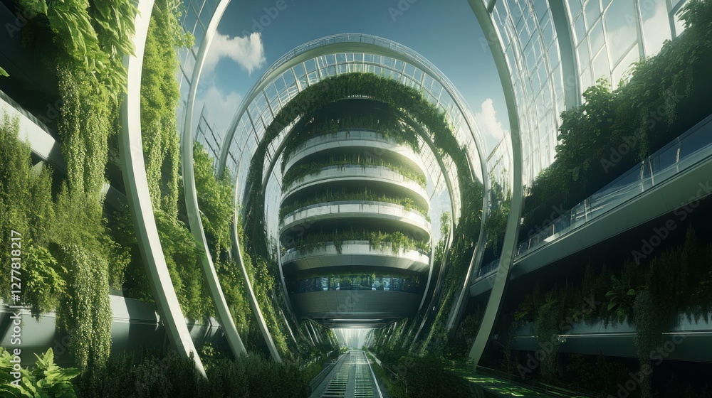 Poster futuristic architectural design featuring lush greenery and modern structures in a vibrant setting