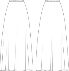 elastic banded waistband mid high rise waist flared long maxi a line skirt template technical drawing flat sketch cad mockup fashion woman design style model 
