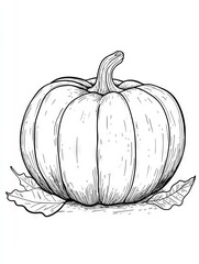 Hand Drawn Illustration of a Single Pumpkin with Leaves Autumn Harvest Thanksgiving Design Element