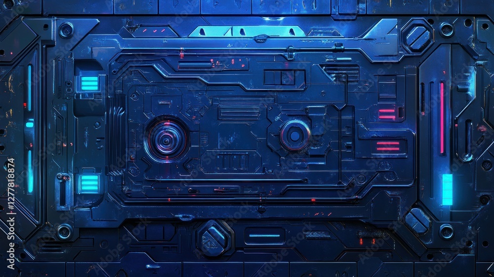 Poster futuristic sci-fi panel with glowing lights and intricate details in a high-tech environment