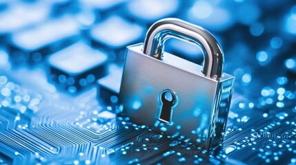 Locked Digital Padlock on Circuit Board with Blurred Lights
