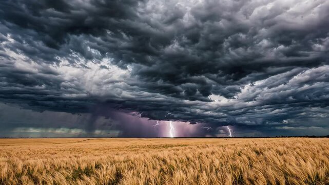 Dramatic thunderstorm rolls over golden wheat field with flashing lightning in the distance
