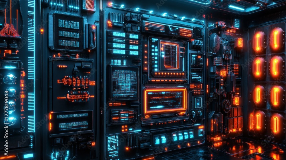 Poster futuristic control panel with glowing circuits and screens in a high-tech environment