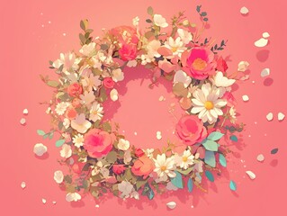 A beautifully crafted floral wreath made of vibrant flowers and delicate petals, set against a warm and textured background, perfect for nature, celebration, and decorative themes.