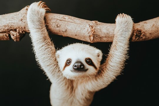 Adorable baby sloth hanging from a branch, looking directly at the camera with a cute expression. Perfect for calendars, children's books, or nature-themed projects.