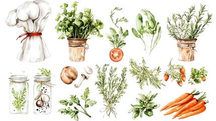 Fototapeta premium Watercolor Collection of Culinary Herbs, Vegetables, and Chef's Hat.