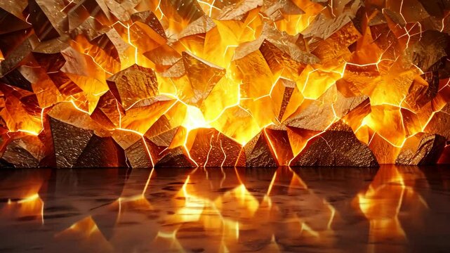 Mesmerizing fiery crystal wall casting golden reflections on glossy surface