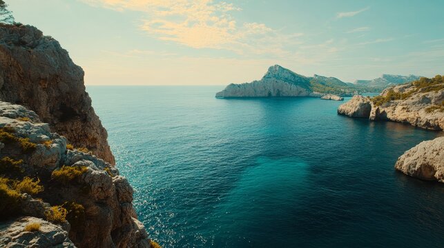 Scenic coastal cliff view of calm blue sea and rocky islands under clear sky