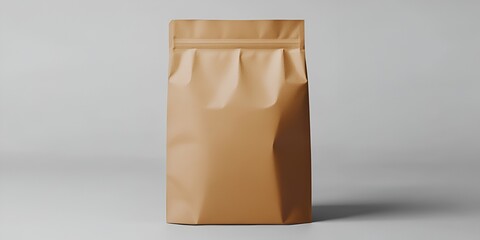 A large brown paper bag with an open zipper on the top, centered and isolated against a grey white background