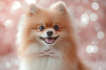Adorable Pomeranian Dog Smiling and Wearing a Bow Tie on Pink Background