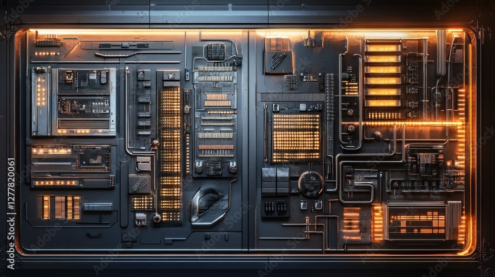 Poster futuristic control panel with glowing circuits and components in a dark, high-tech environment