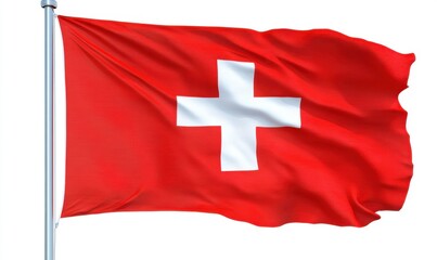 Swiss flag waving against a clear sky, symbolizing national pride and identity