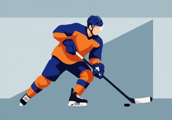Obraz premium Abstract illustration of hockey player in orange and blue uniform skating on ice