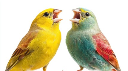 Obraz premium Two colorful birds facing, singing, white background, nature