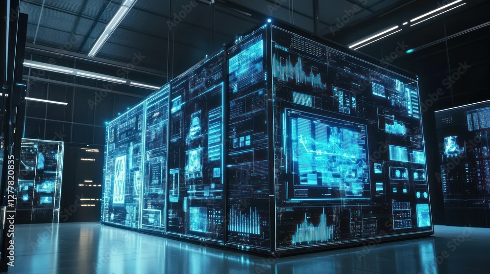 Poster futuristic data center showcasing advanced technology with glowing screens and digital interfaces