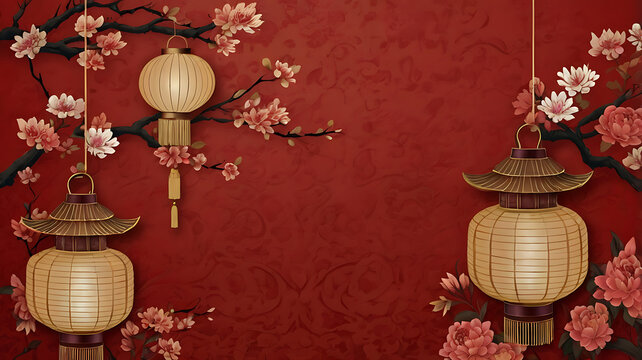 Chinese New Year themed scene, festive decorations, floral patterns, celebrating the holiday with a traditional Chinese flair.
