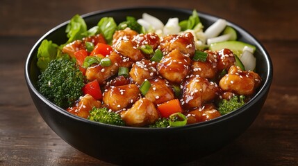 A Chinese-style dish in a black bowl, featuring chicken and vegetables in a savory sauce, sprinkled with sesame seeds.