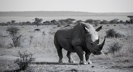 Fototapeta premium Rhino Walking Through Savannah Landscape in Black and White